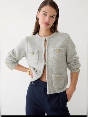 J. Crew Light Gray odette Cardigan with Gold Buttons merino wool small